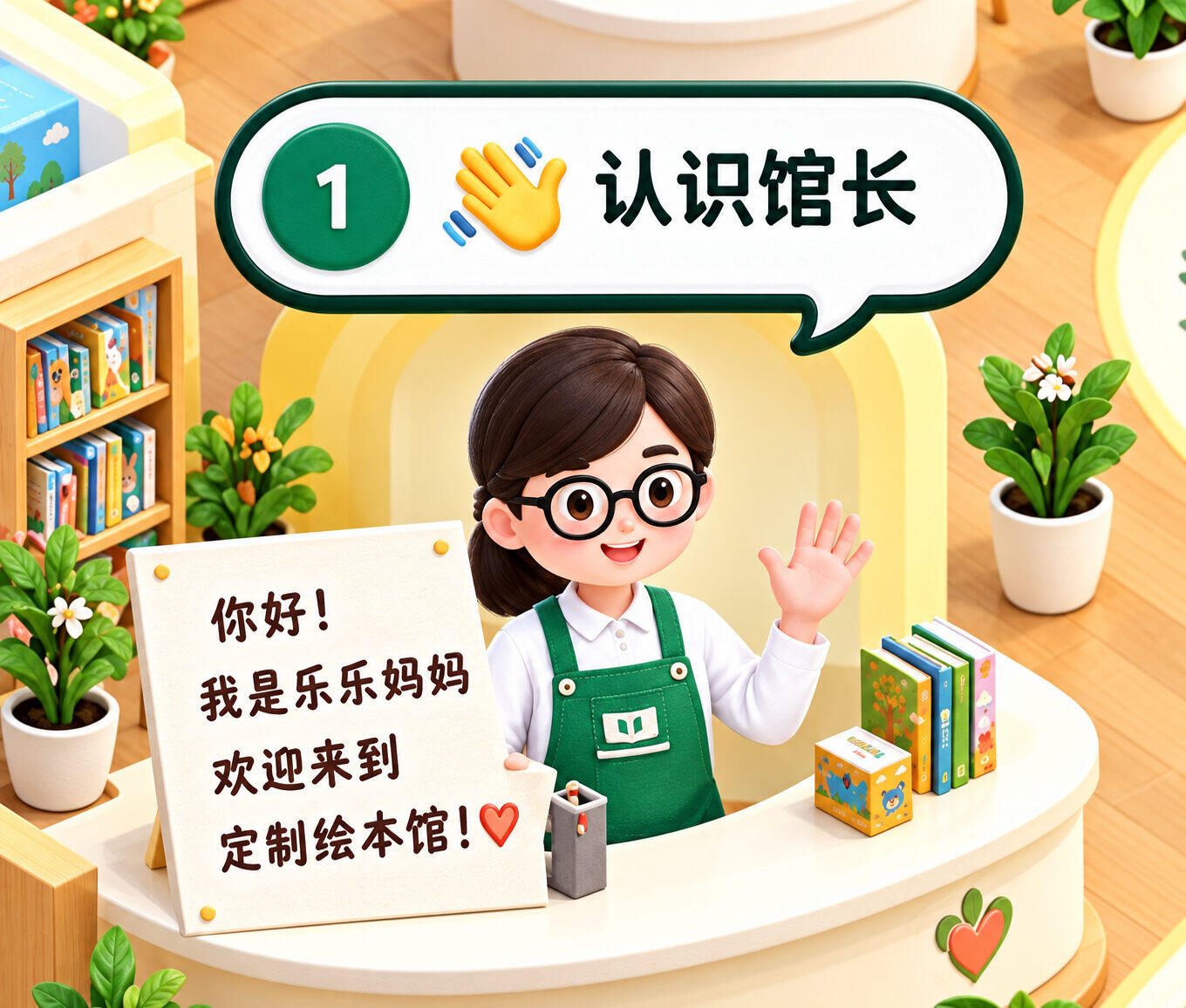 馆长站在接待台后面，向走进来的家长打招呼