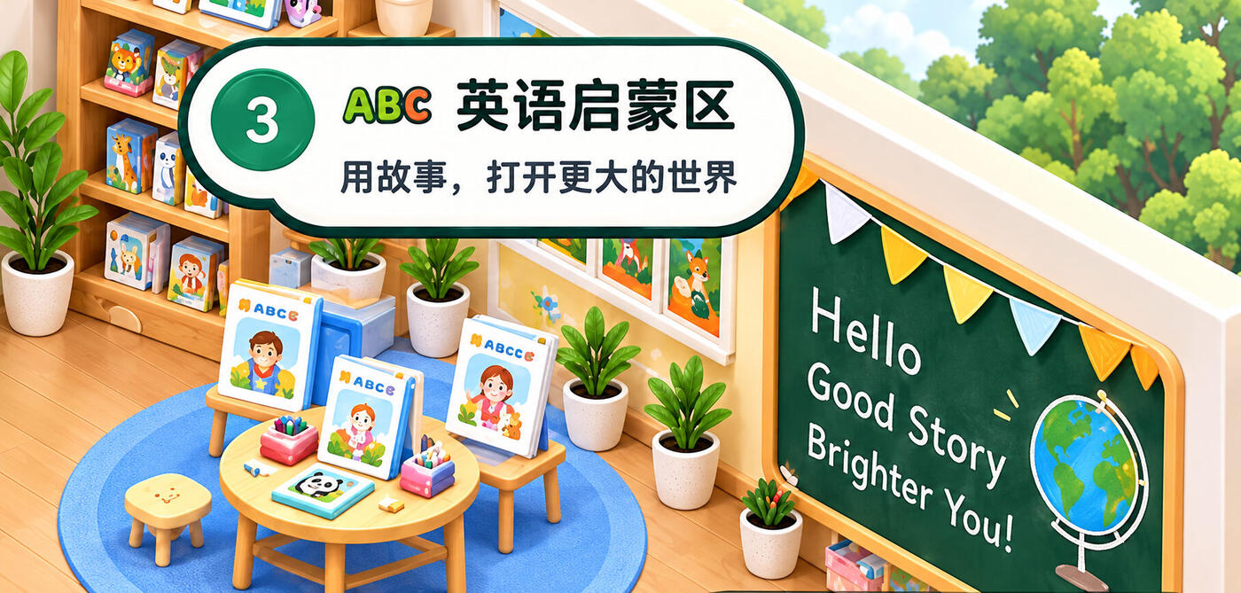 英语启蒙区：摆着定制绘本的小桌子和英文黑板