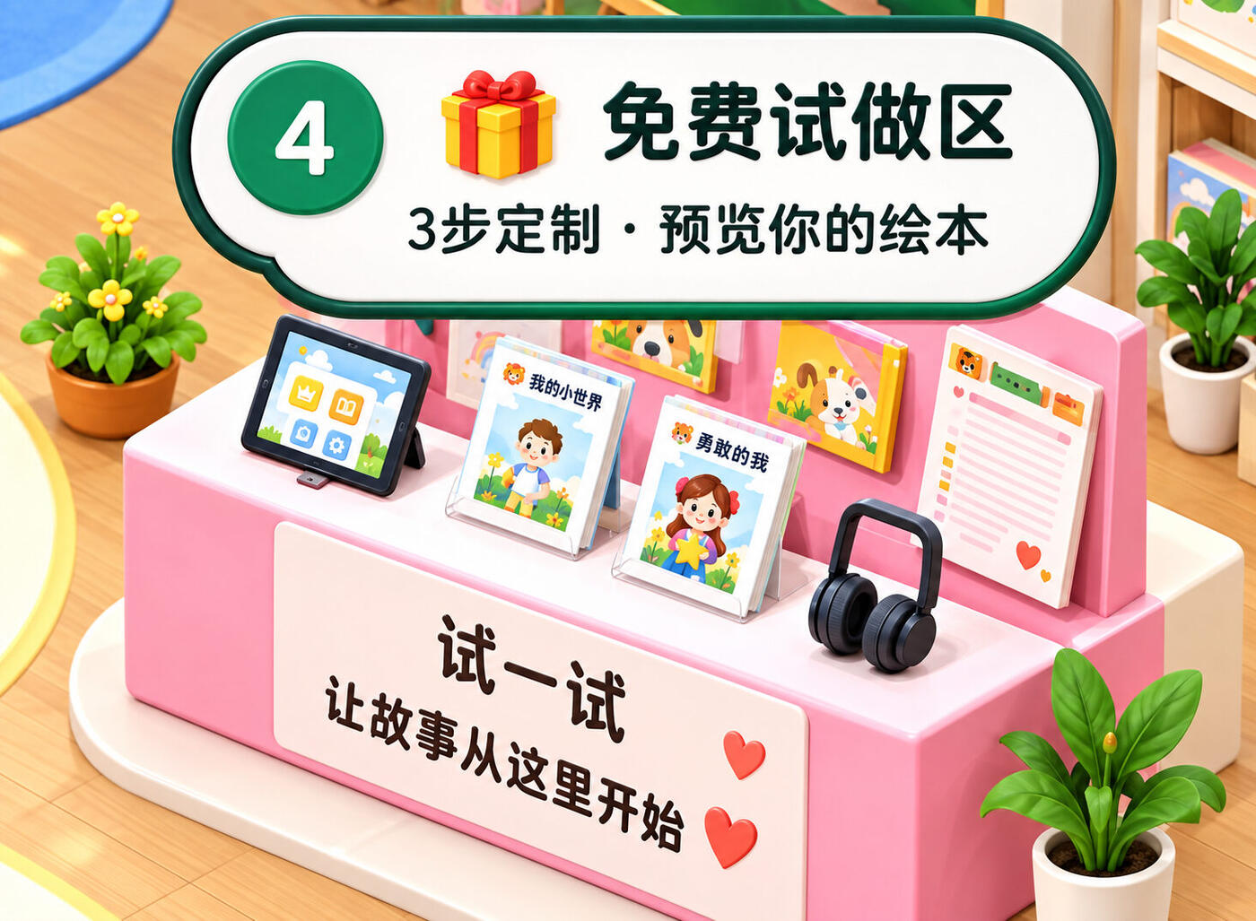 免费试做区：粉色的试做台，上面摆着平板和绘本