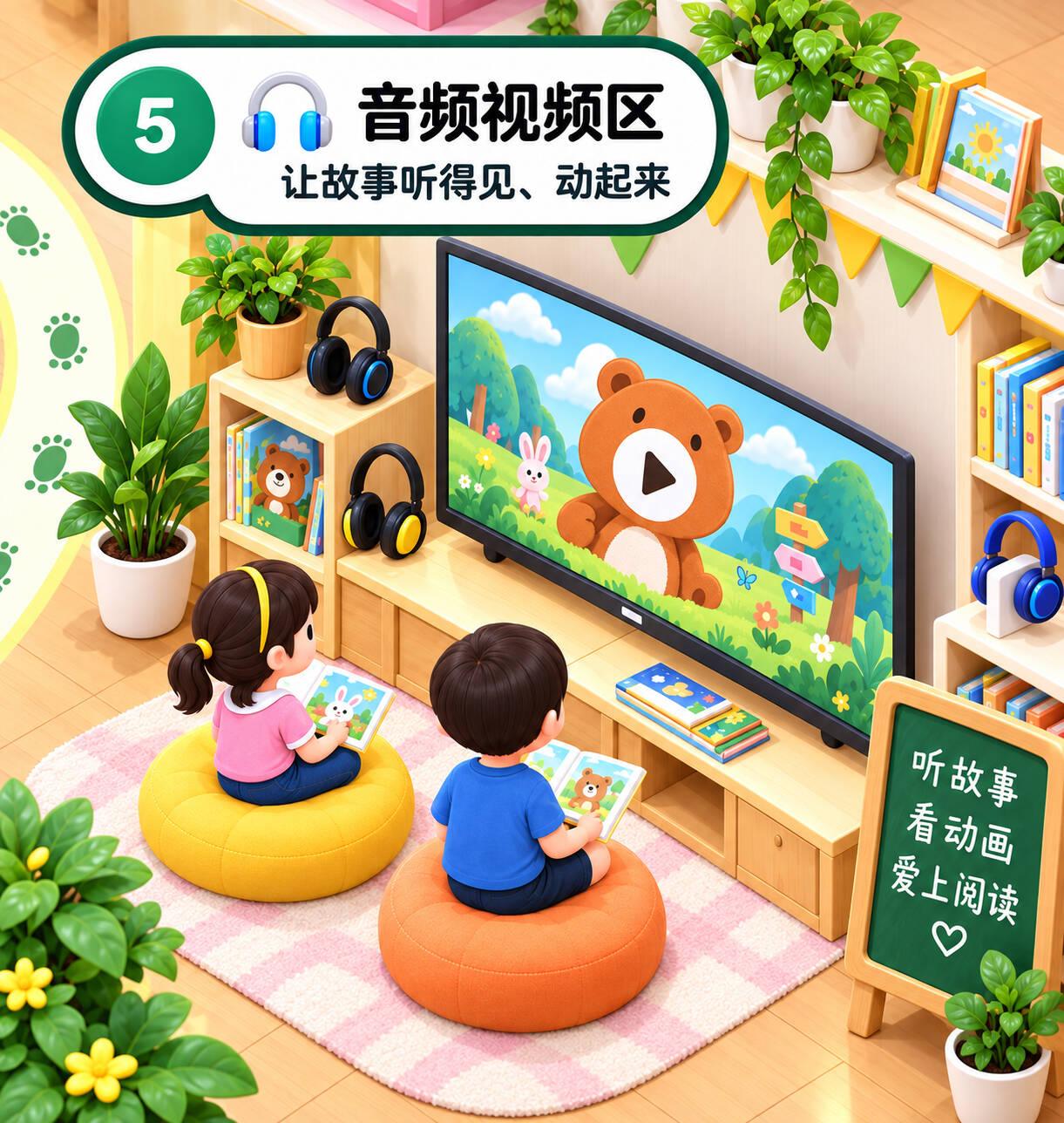 音频视频区：孩子戴着耳机听故事、看动画