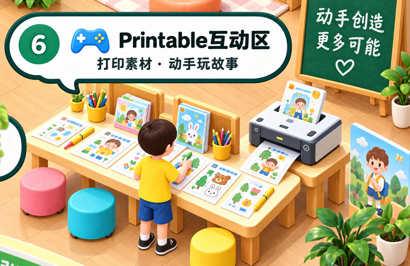 Printable 互动区：孩子在桌边用打印出来的素材玩故事