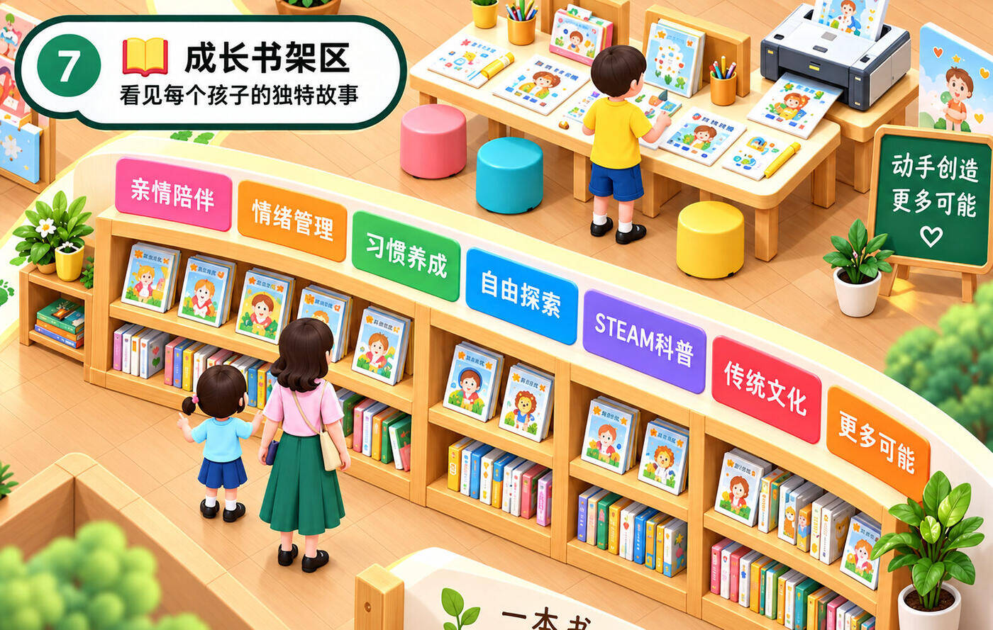 成长书架区：按主题分类的一整面书墙